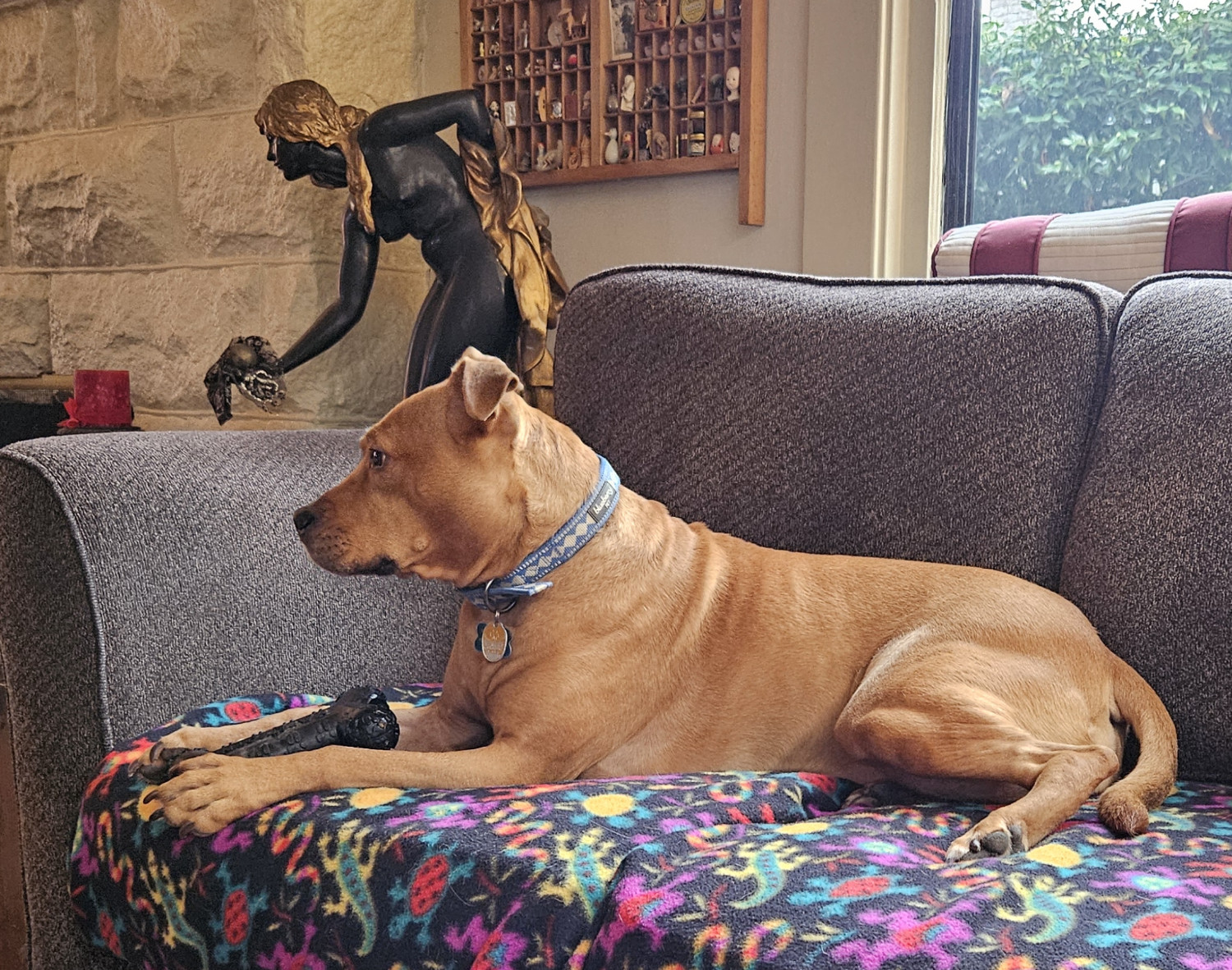 Barley, a dog, is viewed in profile as she relaxes on a sofa with her bone. Behind her, a sculpture of a nude woman, black with golden accents, holds a sphere and faces in the same direction.